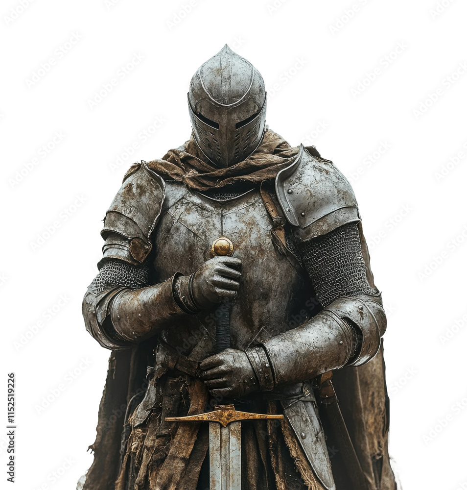 Knight in battle armor wielding a two-handed sword in a defensive stance before an epic battle. Isolated on transparent background, png. Knight in battle armor wielding a two-handed sword in a defensive stance before an epic battle. Isolated on transparent background, png.