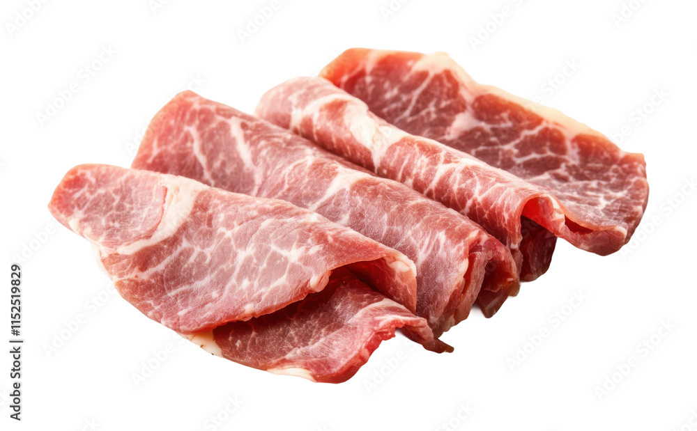 Raw speck meat slices, showcasing marbling and texture suitable for culinary use. Isolated on transparent background, png. Raw speck meat slices, showcasing marbling and texture suitable for culinary use. Isolated on transparent background, png.