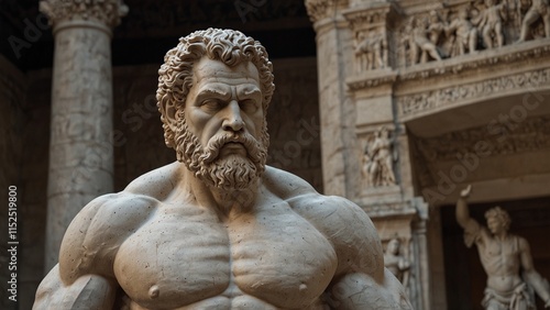 Statue of Heracles, lifting a massive rock, set against statues of amazed onlookers, carvings illustrating his extraordinary strength and heroic nature. photo