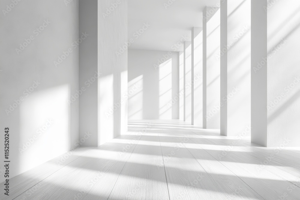 Sunlit minimalist white hallway with pillars and wooden floor. Sunlit minimalist white hallway with pillars and wooden floor.