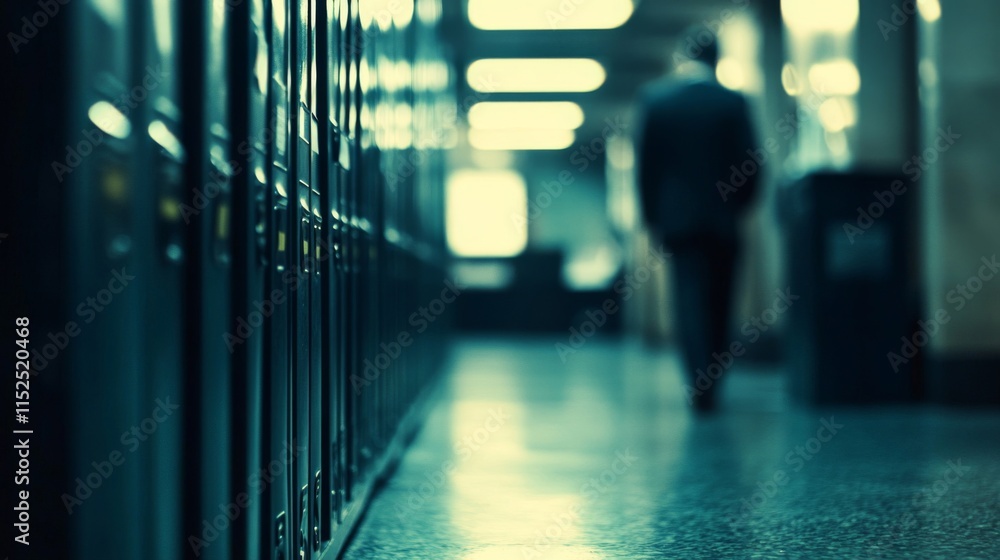 Dark Hallway Lockers Person Walking Away Dark Hallway Lockers Person Walking Away