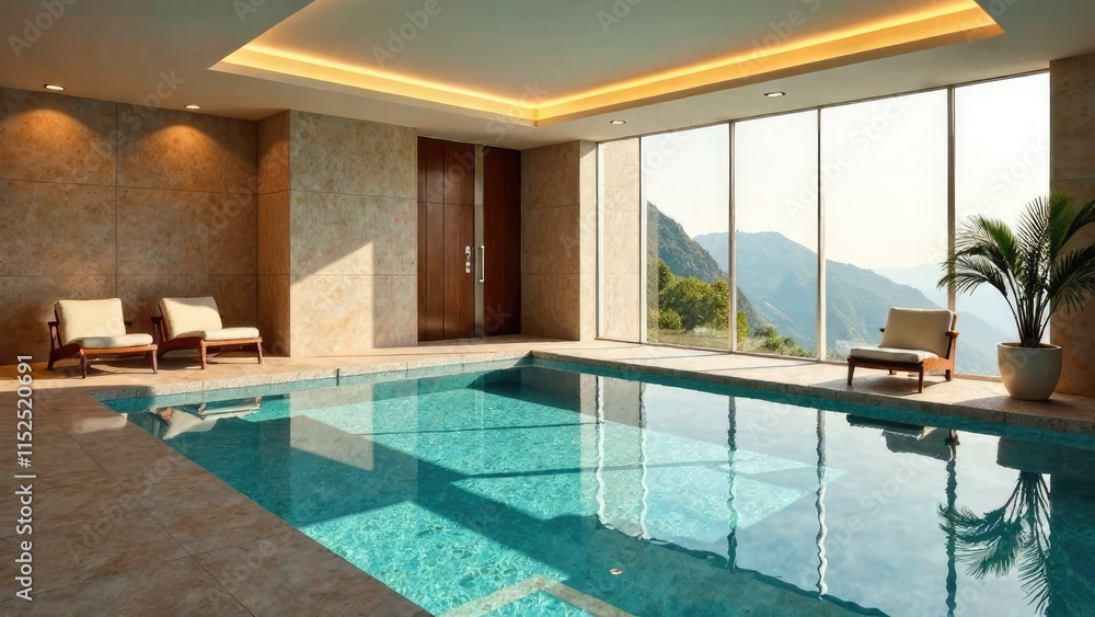 An indoor swimming pool with lounge chairs and a mountain view through large windows. Concept of luxurious retreat.