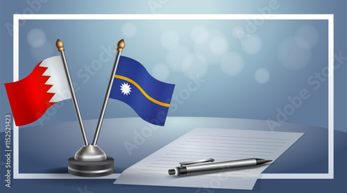 Bahrain and Nauru National flags on small table with bokeh background, cooperative relationship