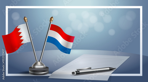 Bahrain and Netherlands National flags on small table with bokeh background, cooperative relationship