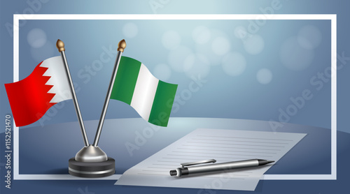 Bahrain and Nigeria National flags on small table with bokeh background, cooperative relationship