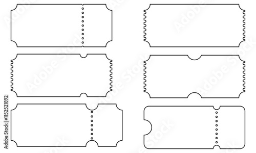 Ticket Templates Set, Contour, Collection of Blank Empty Ticket and Coupon Template, Line Frame, Vector