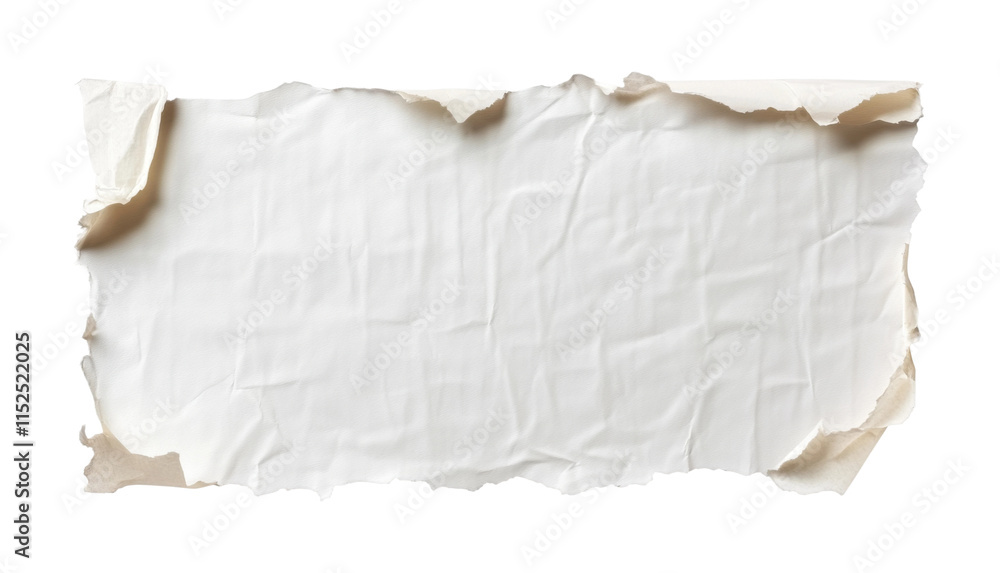 Ripped torn white paper sheet with textured wrinkles, creative scrapbooking material, vintage handmade look, artistic stationery design isolated on transparent background. Ripped torn white paper sheet with textured wrinkles, creative scrapbooking material, vintage handmade look, artistic stationery design isolated on transparent background.