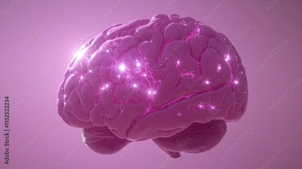 Glowing pink human brain, neural network activity concept. Glowing pink human brain, neural network activity concept.