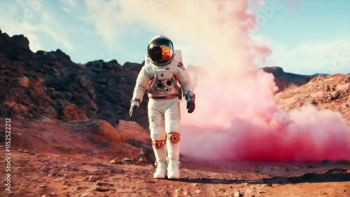 Lone Astronaut Walking Through Smoky Alien Terrain, Futuristic Space Exploration Scene photo