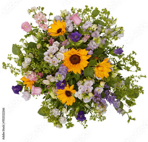 Bouquet of fresh yellow, green, white flowers, top view cut out isolated transparent background photo