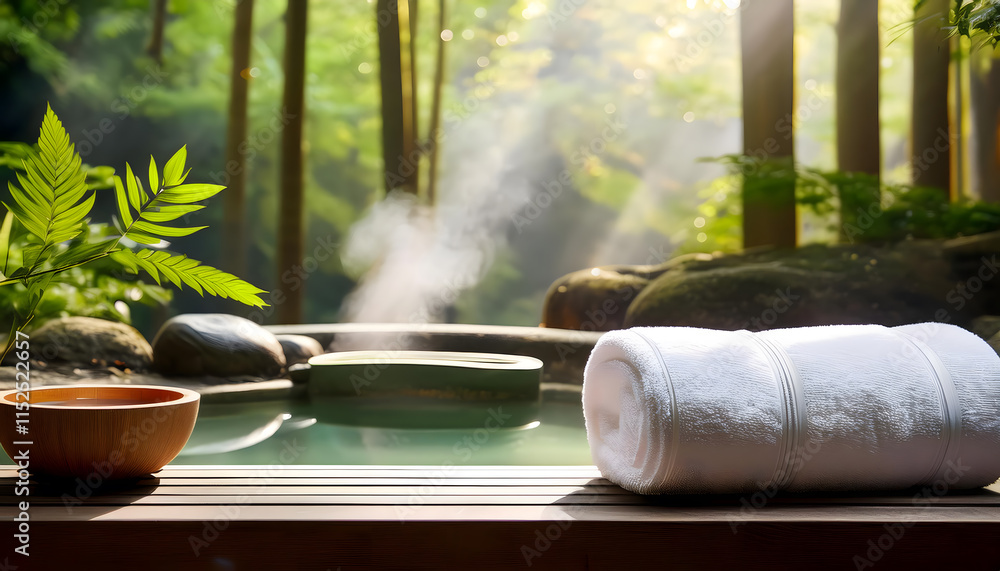 Experience tranquility in a serene outdoor spa setting, where a steaming hot spring invites relaxation. Lush green surroundings and gentle light create a peaceful retreat, perfect for rejuvenation Experience tranquility in a serene outdoor spa setting, where a steaming hot spring invites relaxation. Lush green surroundings and gentle light create a peaceful retreat, perfect for rejuvenation