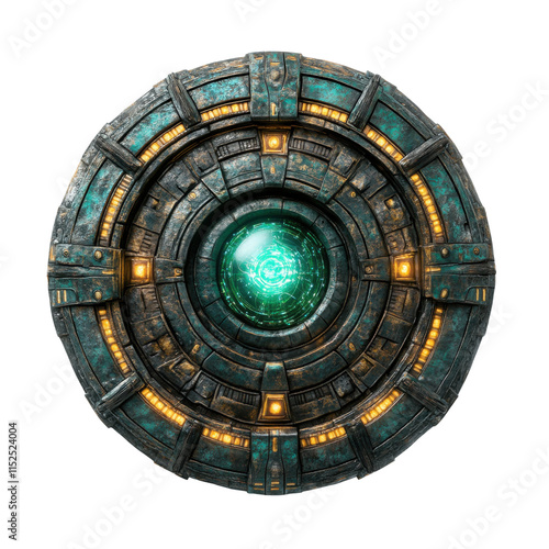 Ancient futuristic portal with glowing green core, intricate metallic structure, sci-fi gateway design, advanced technology relic isolated on transparent background photo