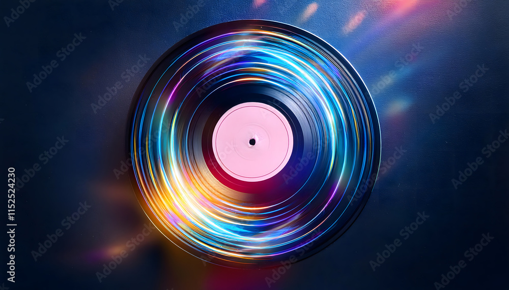 Glowing lines pulse rhythmically from the grooves of a vinyl record, creating a mesmerizing visual experience Glowing lines pulse rhythmically from the grooves of a vinyl record, creating a mesmerizing visual experience