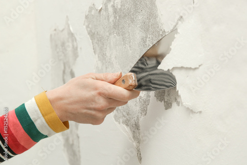 Saltpeter or mold on the wall problem. Woman is using a scraper to scrape and remove all loose paint and plaster that is in poor condition, until a firm surface is achieved. photo