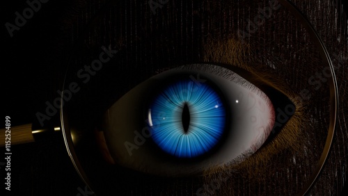 3d render of glowing cats eye seen through a magnifying glass