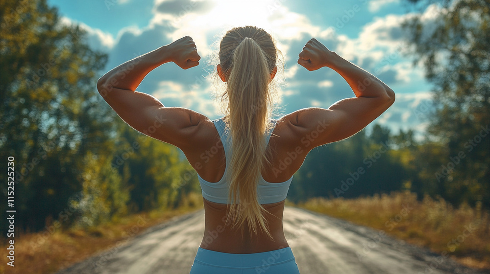 Back view of a strong, motivated woman flexing her arm to celebrate workout goals in the morning sun, symbolizing success, strength, and determination after a healthy training session
Back view of a strong, motivated woman flexing her arm to celebrate workout goals in the morning sun, symbolizing success, strength, and determination after a healthy training session