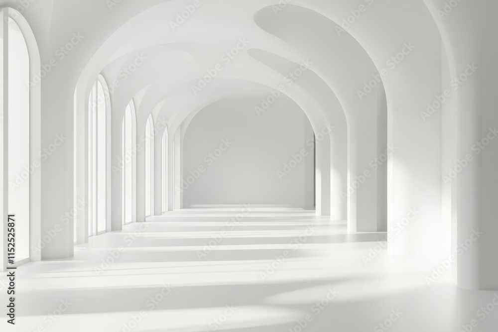Minimalist white hallway with arches and sunlight. Minimalist white hallway with arches and sunlight.