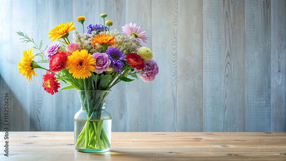 A bunch of colorful flowers in a glass vase on a modern table A bunch of colorful flowers in a glass vase on a modern table