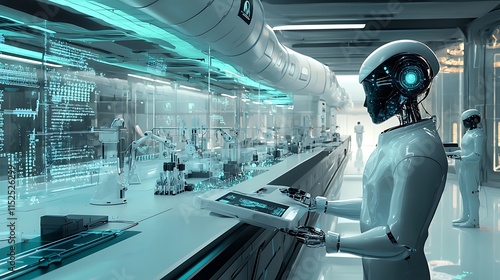 Futuristic Laboratory with Advanced Robotics Exploring Artificial Intelligence and Digital Interfaces in a High-Tech Research Environment