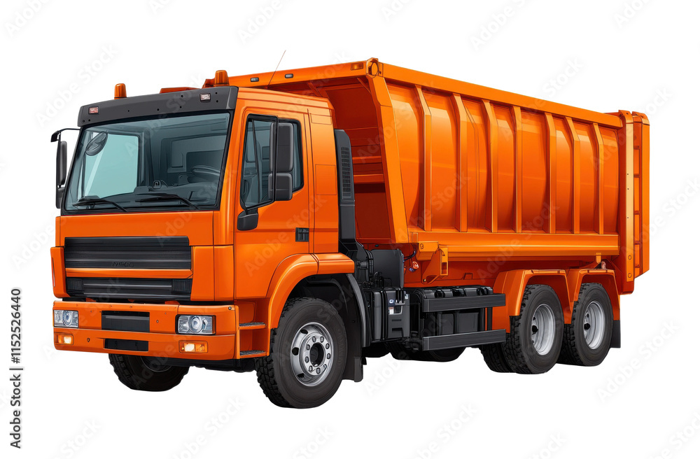 Bright orange dump truck with industrial heavy-duty design, construction vehicle for transporting materials in engineering and roadwork projects isolated on transparent background Bright orange dump truck with industrial heavy-duty design, construction vehicle for transporting materials in engineering and roadwork projects isolated on transparent background