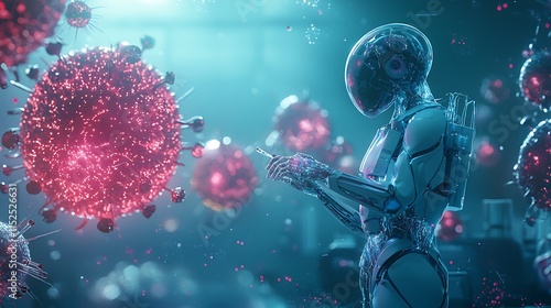 Futuristic Robot Analyzing Viruses in a High-Tech Laboratory Environment with Vibrant Color and Dynamic Elements Representing Scientific Research and Innovation