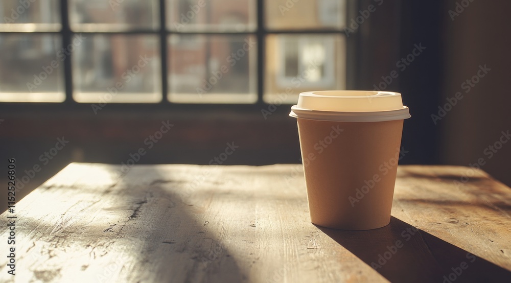 A plain brown paper coffee cup with a white lid, sitting on a wooden table in the sunlight, with soft shadows and natural lighting creating a warm, tranquil atmosphere. A plain brown paper coffee cup with a white lid, sitting on a wooden table in the sunlight, with soft shadows and natural lighting creating a warm, tranquil atmosphere.