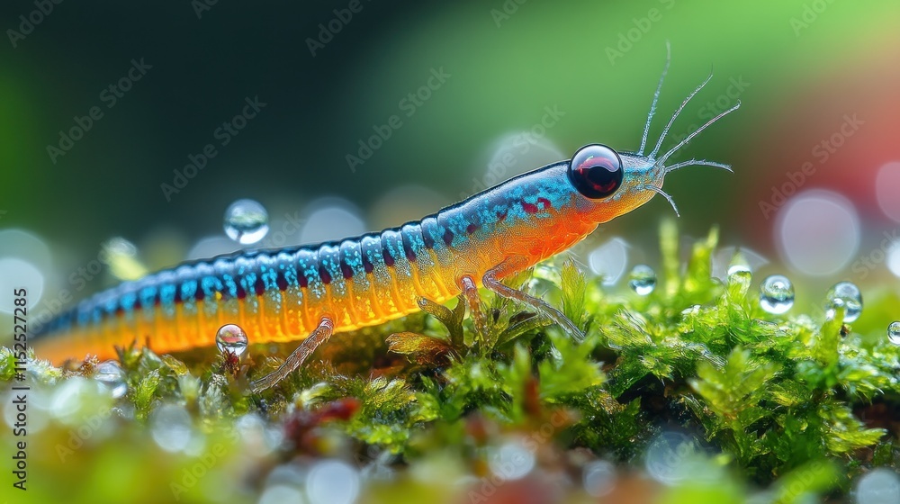 A vibrant amphibian with striking colors resting on moss, surrounded by droplets of water. A vibrant amphibian with striking colors resting on moss, surrounded by droplets of water.