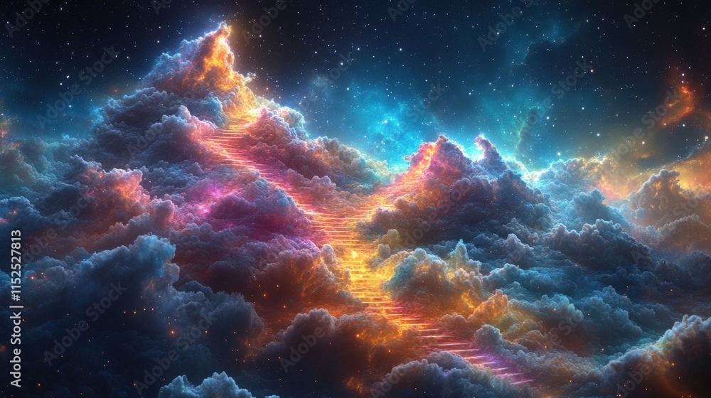 Luminous stairway ascending through vibrant nebula clouds in a starry night sky. Luminous stairway ascending through vibrant nebula clouds in a starry night sky.