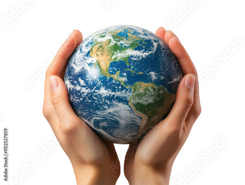 Hands gently holding a detailed miniature globe with continents and oceans visible, symbolizing care, global connection, and planet Earth isolated on transparent background #1152527859