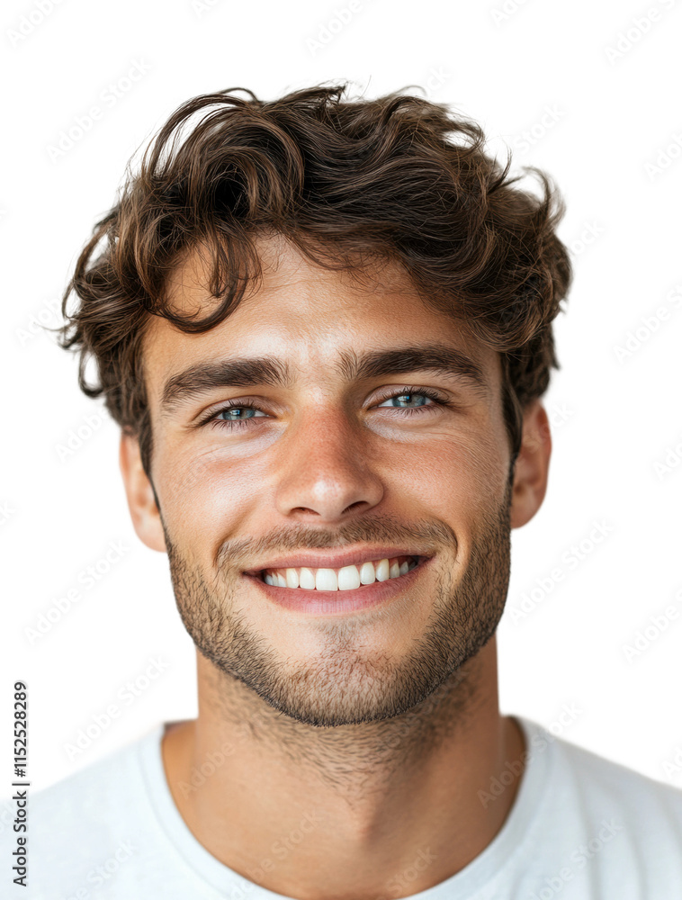 Smiling man with wavy brown hair, white teeth, cheerful confident look, casual style portrait, natural beauty and happy expression isolated on transparent background Smiling man with wavy brown hair, white teeth, cheerful confident look, casual style portrait, natural beauty and happy expression isolated on transparent background