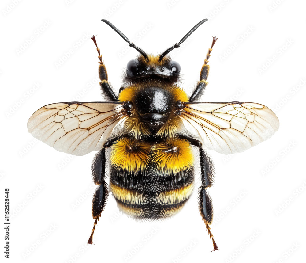 Detailed close-up of a honeybee with transparent wings, striped yellow-black body, and fine hairs, showcasing nature, pollination, and insect anatomy isolated on transparent background Detailed close-up of a honeybee with transparent wings, striped yellow-black body, and fine hairs, showcasing nature, pollination, and insect anatomy isolated on transparent background