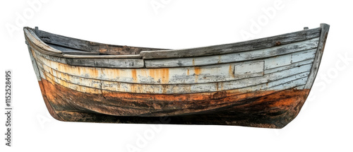 Weathered wooden fishing boat with a rustic texture, perfect for nautical designs, maritime themes, or vintage visuals isolated on transparent background. photo