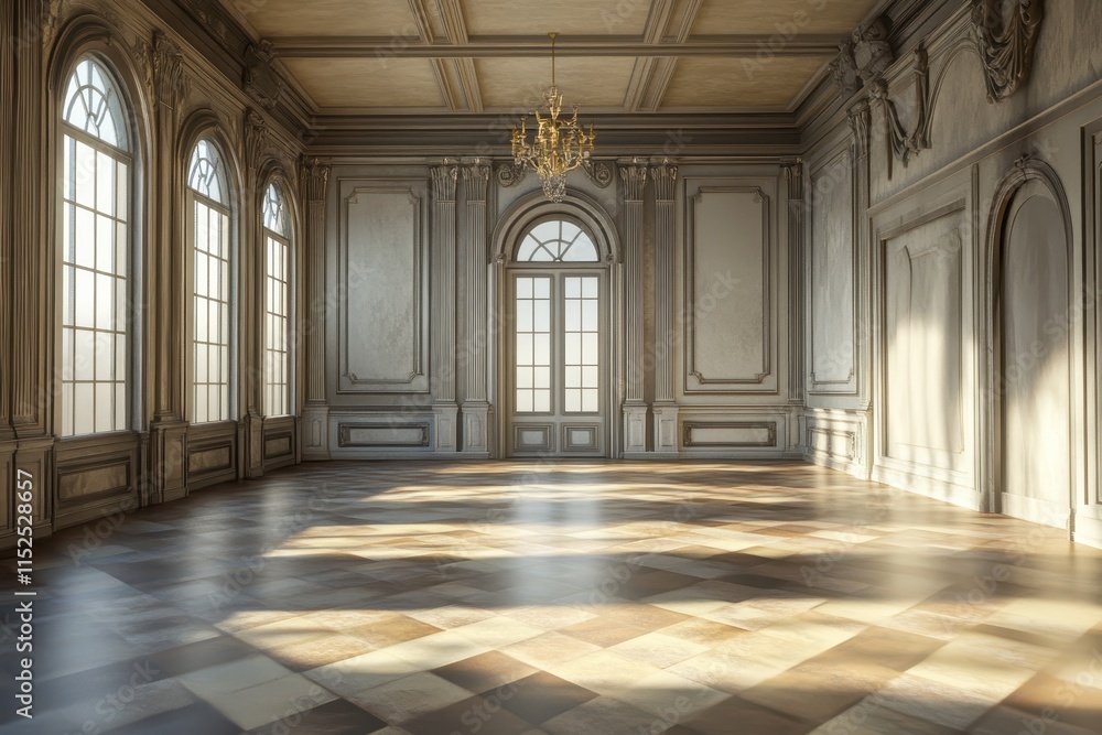 Sunlit grand ballroom with ornate walls and parquet floor. Sunlit grand ballroom with ornate walls and parquet floor.