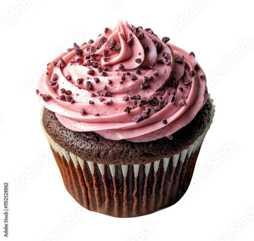 Rich chocolate cupcake with pink frosting swirls and dark chocolate shavings, indulgent sweet treat for desserts, parties, or celebrations isolated on transparent background