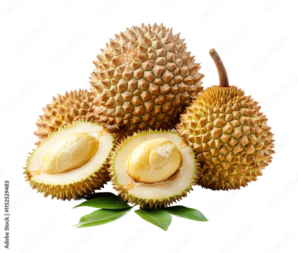Durian fruits with spiky outer shell and split open showing creamy yellow flesh isolated on white background. Tropical exotic fruit set isolated on transparent background Durian fruits with spiky outer shell and split open showing creamy yellow flesh isolated on white background. Tropical exotic fruit set isolated on transparent background