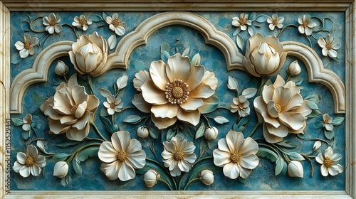 Intricate floral carving on a teal background.