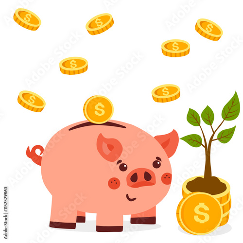 Pig piggy bank with gold coins on a white background. Pig piggy bank with coins . The concept of saving or save money or open a bank deposit. Piggy bank with coin Saving, investing 