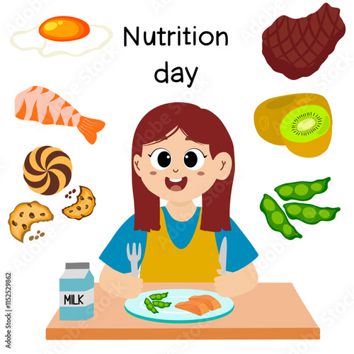 national nutrition month is celebrated every year in march, vector illustration. nutrition day. little kid eating to commemorate nutrition day with balanced food.
