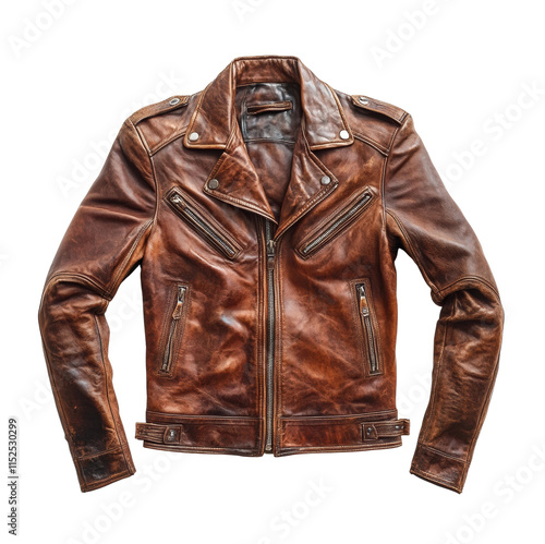 Vintage brown leather biker jacket with zippers, classic men’s or women’s fashion outerwear, retro apparel style for casual or edgy looks, isolated on transparent background photo