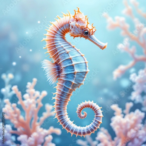 A vibrant seahorse gracefully floats in the clear sea, showcasing its unique shape and color, a true marvel of underwater beauty. photo