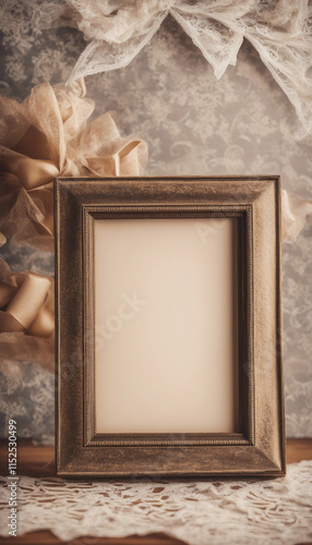 Two blank retro photo frames on decorative paper framed with lace and bow vertical