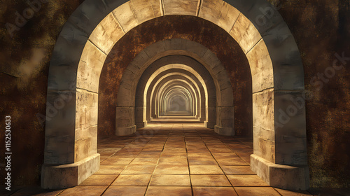 Fototapeta Naklejka Na Ścianę i Meble -  Arched tunnel, liminality, 3d background, 3d rendering. Liminality. Illustration