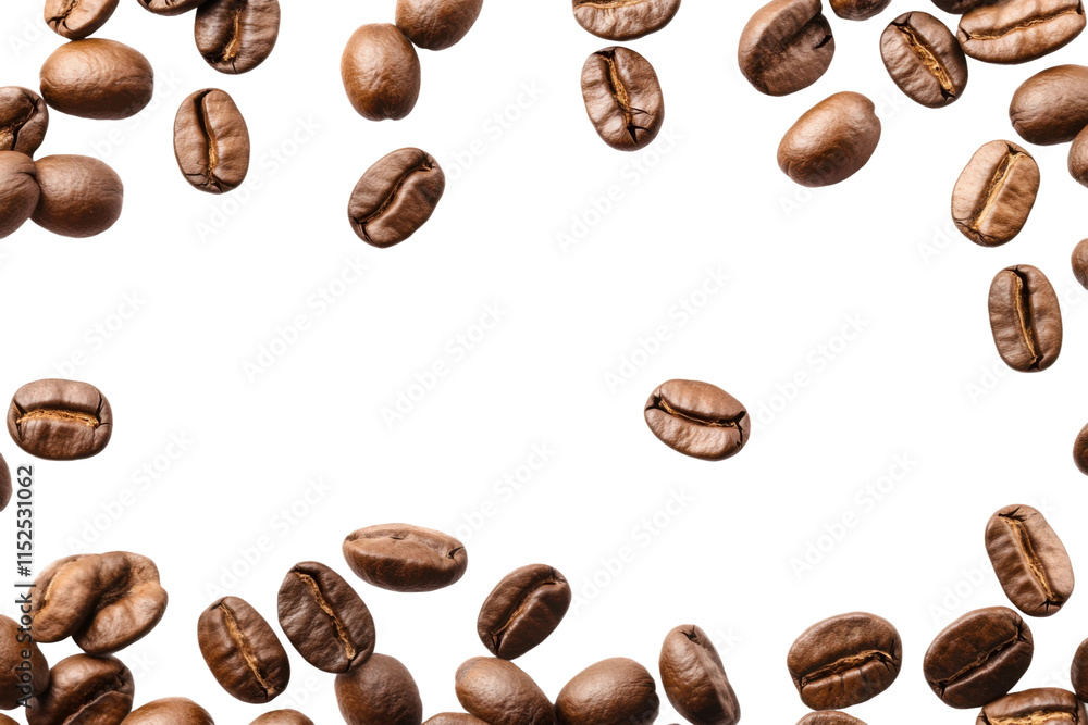 Scattered coffee beans forming a frame, rich brown texture for fresh coffee branding, aromatic beverage ingredient concept isolated on transparent background Scattered coffee beans forming a frame, rich brown texture for fresh coffee branding, aromatic beverage ingredient concept isolated on transparent background