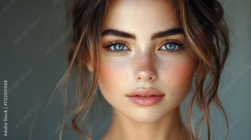 Naklejka premium Portrait of beautiful girl with a stylish hairstyle makeup and soft studio lighting