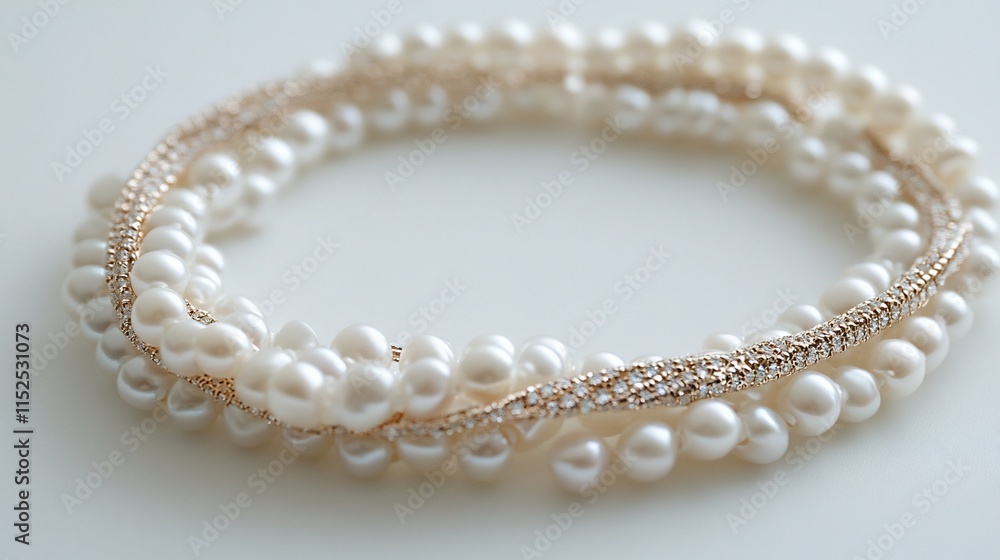 Elegant pearl bracelet with gold and diamond accents on white background. Elegant pearl bracelet with gold and diamond accents on white background.