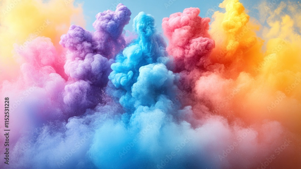 Fototapeta premium A vibrant explosion of colorful smoke clouds against a blue sky.