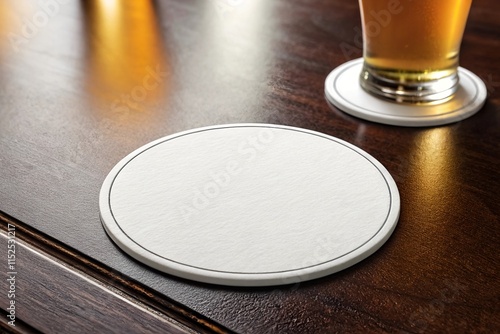 White coaster in a restaurant: Clean and blank, perfect for showcasing a beverage or brand. Ideal for use in pubs, bars, or cafes to enhance dining and drinking experience.