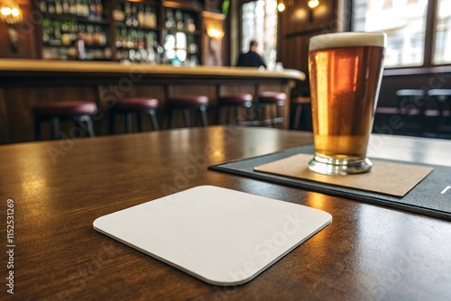 White coaster in a restaurant: Clean and blank, perfect for showcasing a beverage or brand. Ideal for use in pubs, bars, or cafes to enhance dining and drinking experience.