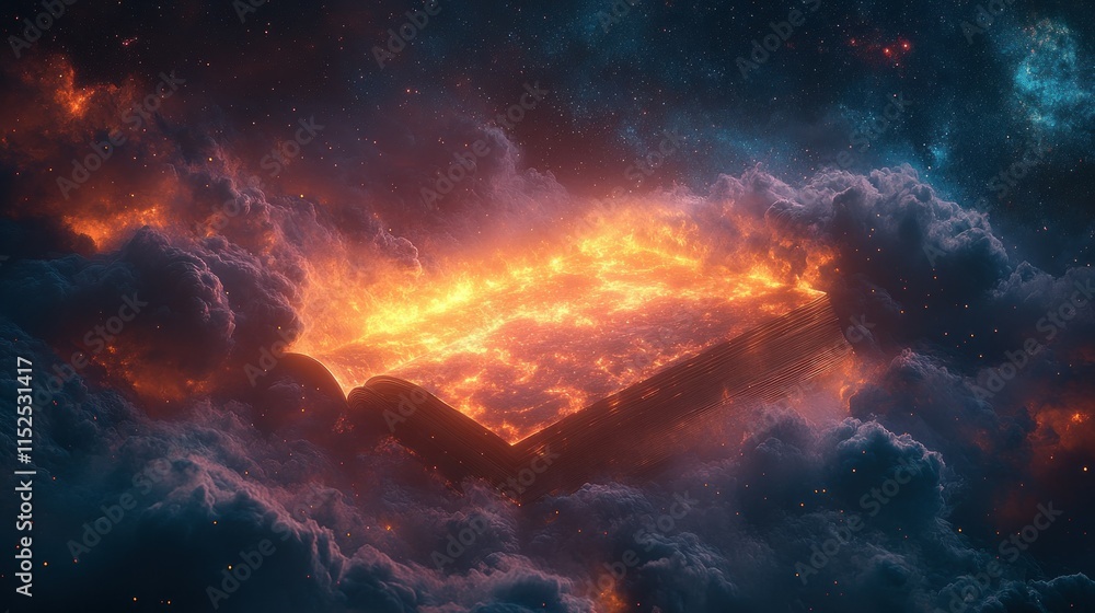 A glowing book emerging from cosmic clouds, symbolizing knowledge and imagination. A glowing book emerging from cosmic clouds, symbolizing knowledge and imagination.