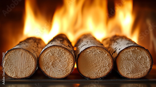 A close-up of burning fire logs with a blurred chaotic background symbolizing warmth, energy, transformation, and the uncontrollable nature of fire in a moment of intense movement and unpredictability photo